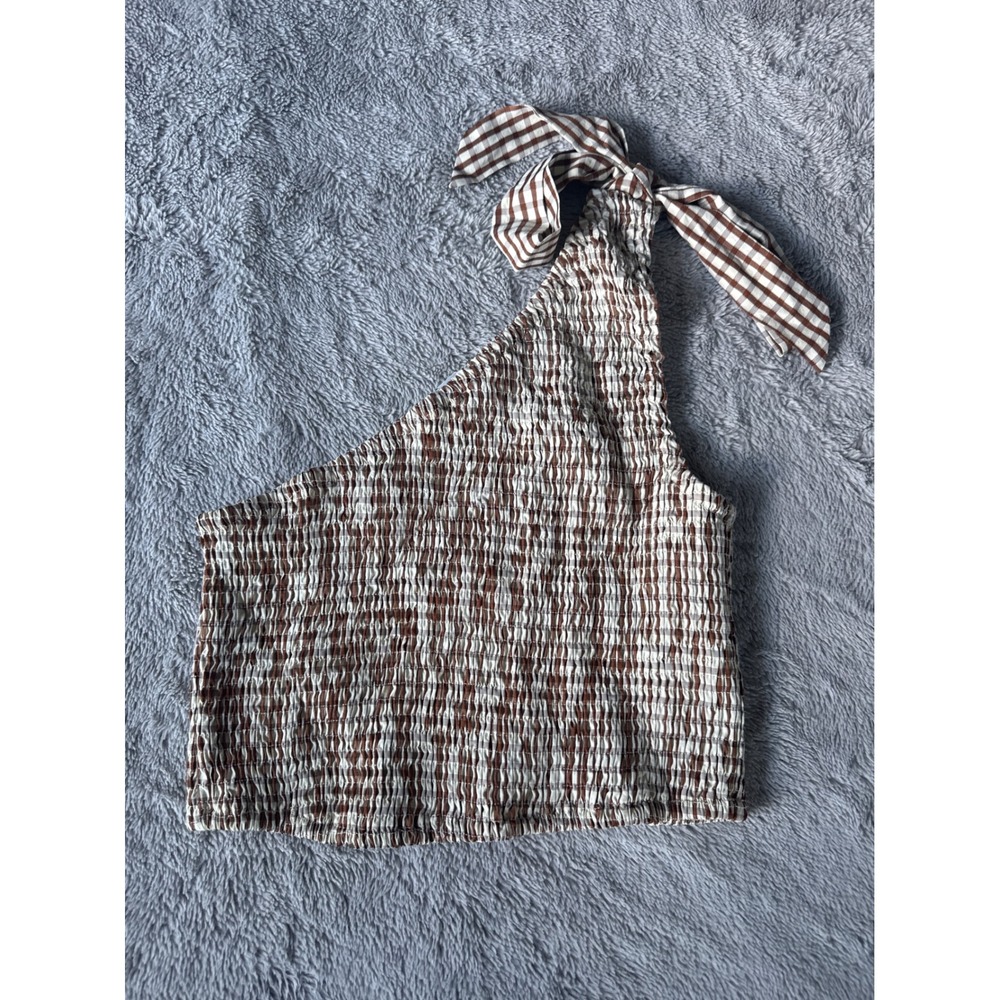 ONLY Womens Brown Gingham One Shoulder Smocked Tie Crop Top Size M